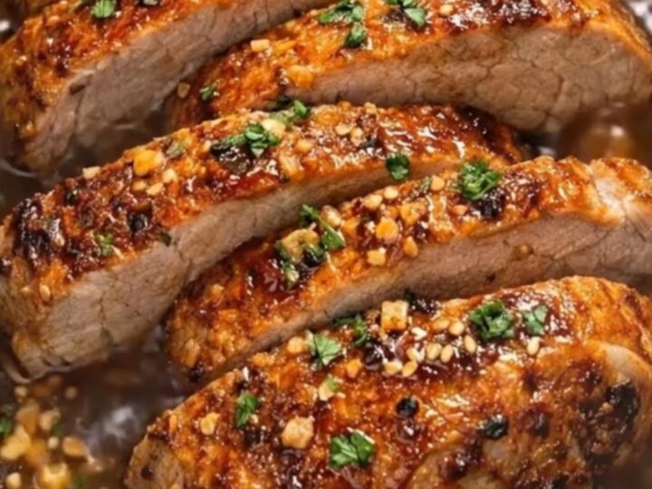 A close-up of a sliced honey garlic pork tenderloin glistening with sauce on a white plate.