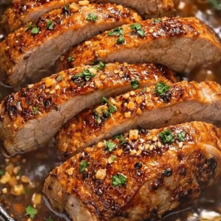 A close-up of a sliced honey garlic pork tenderloin glistening with sauce on a white plate.