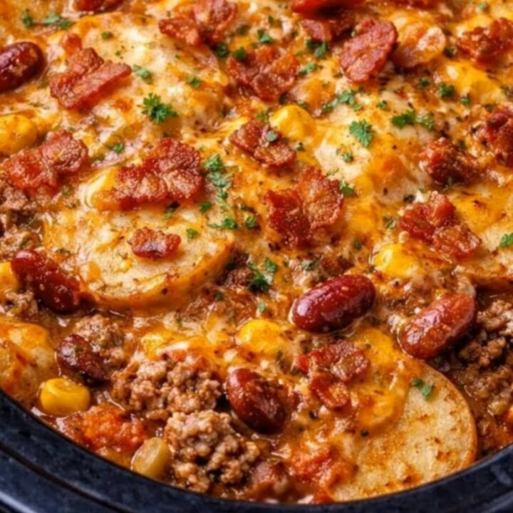 A close-up of a cheesy cowboy casserole in a slow cooker with visible beef, potatoes, and melted cheddar cheese.