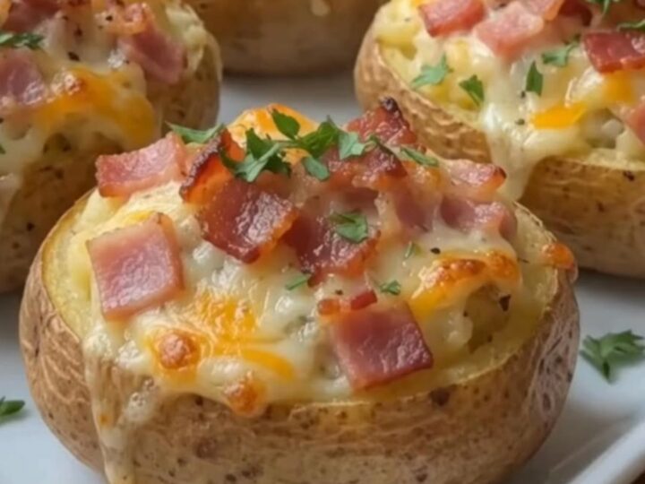 A golden twice-baked potato loaded with melted cheese, crispy bacon bits, and fresh parsley.