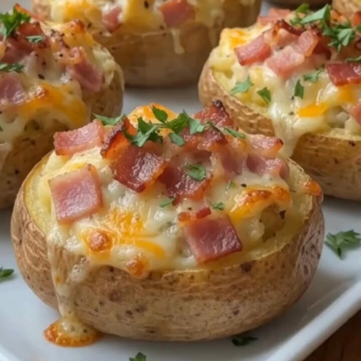 A golden twice-baked potato loaded with melted cheese, crispy bacon bits, and fresh parsley.
