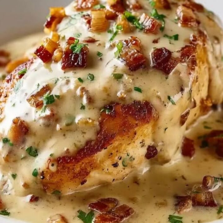 A white bowl filled with juicy smothered chicken breasts glistening under a rich cream gravy with minced parsley and crispy