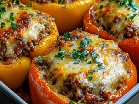 A close-up view of freshly baked stuffed bell peppers in a dark pan with melted golden cheese.