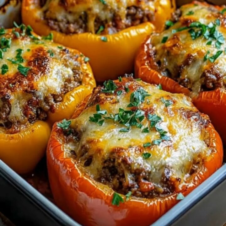 A close-up view of freshly baked stuffed bell peppers in a dark pan with melted golden cheese.