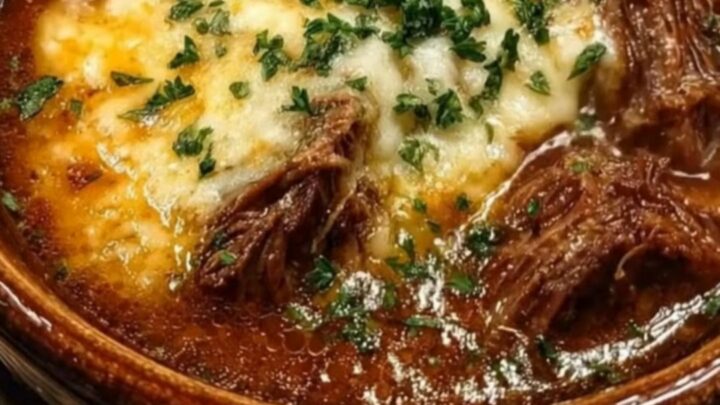 A rustic ceramic crock filled with rich French onion beef short rib soup topped with a melted cheese crust.