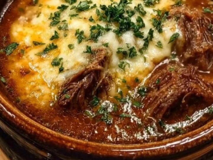 A rustic ceramic crock filled with rich French onion beef short rib soup topped with a melted cheese crust.