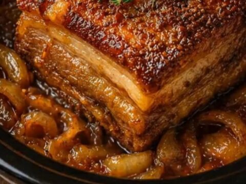 A close-up of tender, glazed pork belly with caramelized onions served in a black slow cooker.