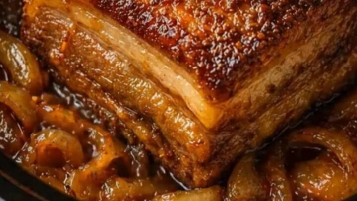 A close-up of tender, glazed pork belly with caramelized onions served in a black slow cooker.