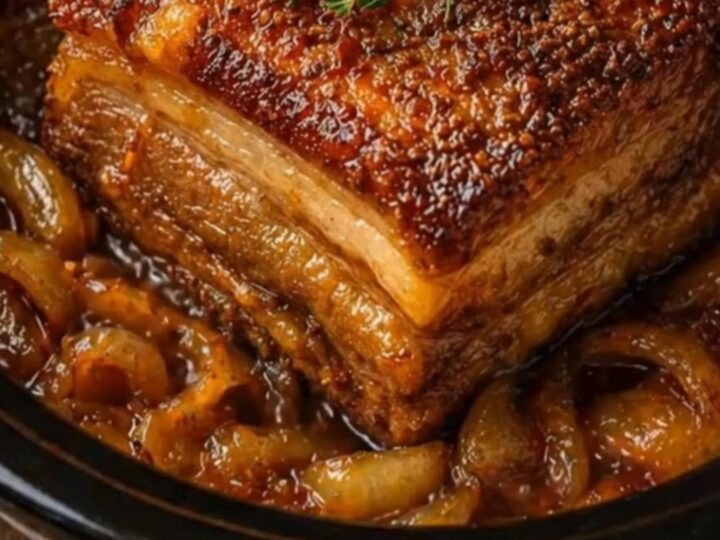 A close-up of tender, glazed pork belly with caramelized onions served in a black slow cooker.