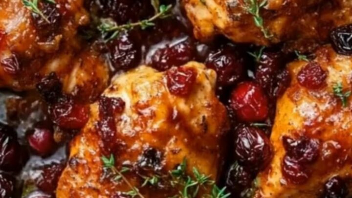 A close-up of a golden-brown chicken thigh smothered in a glossy, dark balsamic glaze with bright red cranberries.