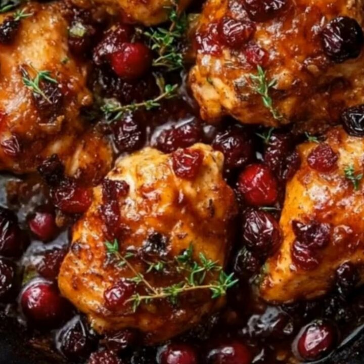 A close-up of a golden-brown chicken thigh smothered in a glossy, dark balsamic glaze with bright red cranberries.