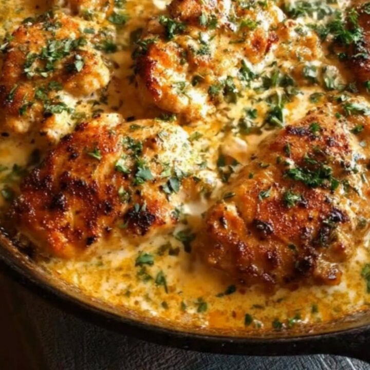 Golden seared chicken breasts simmering in a creamy herb-speckled Dijon sauce in a cast-iron skillet.