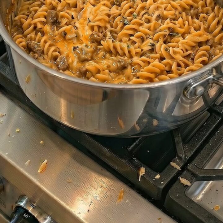 A large stainless steel pot filled with creamy beef and fusilli pasta with melted cheese.