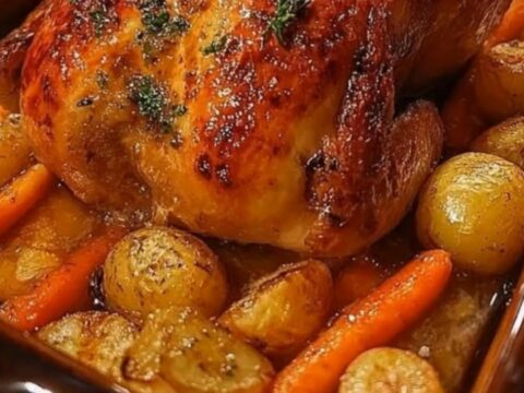 A golden-brown roasted chicken resting in a ceramic dish with roasted potatoes and carrots.