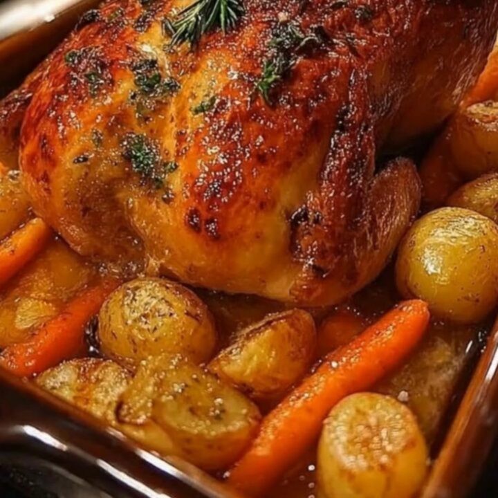 A golden-brown roasted chicken resting in a ceramic dish with roasted potatoes and carrots.