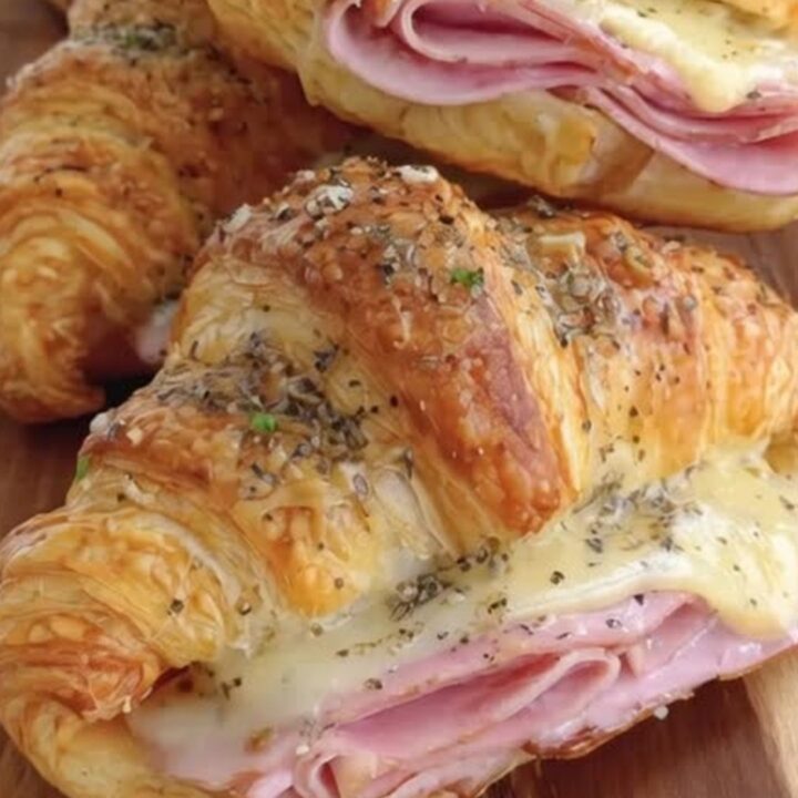 A rustic wooden board stacked with golden-brown baked ham and cheese croissants showing melted Swiss cheese.