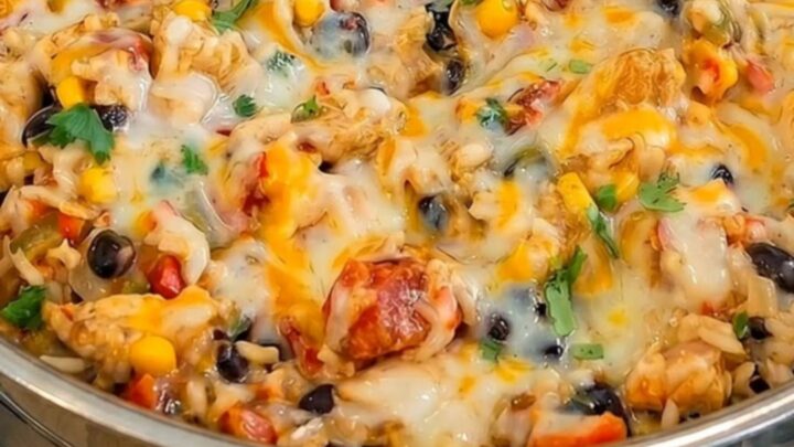 A stainless steel skillet filled with southwest chicken and rice topped with melted cheese and fresh cilantro.