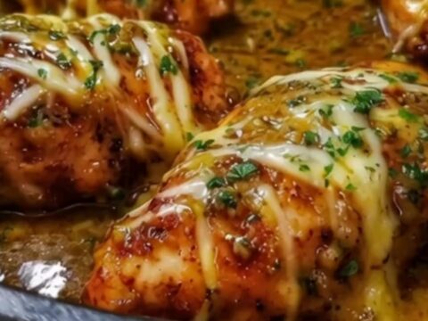 A golden-brown honey mustard chicken breast topped with melted, stretchy mozzarella cheese in a cast-iron skillet.