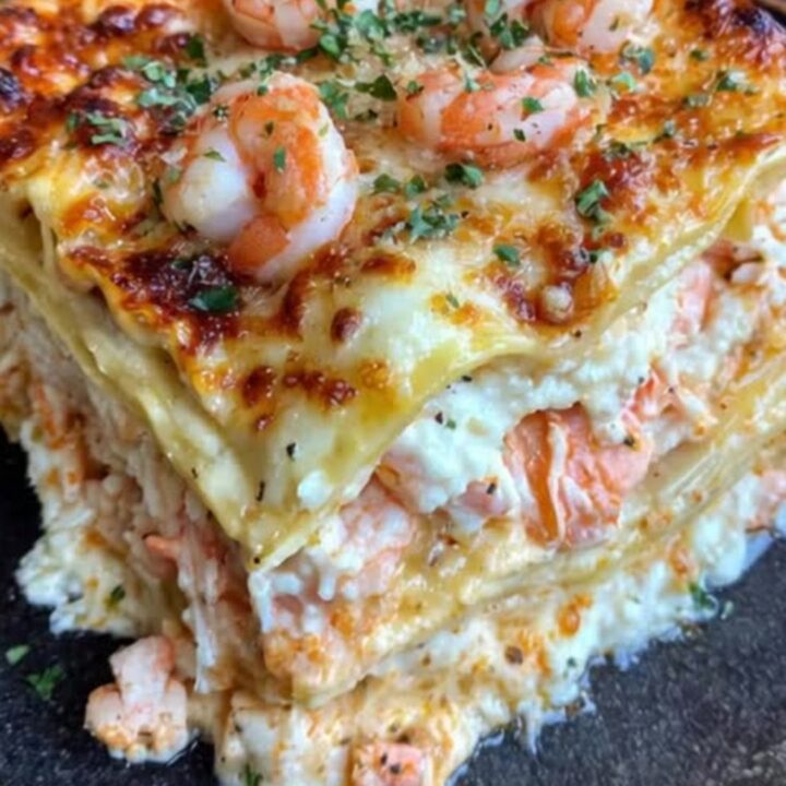 A towering slice of creamy seafood lasagna on a dark plate, showing layers of shrimp, crab, and melted cheese.