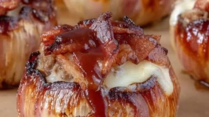 Glistening barbecue glazed onion bombs wrapped in crispy bacon resting on parchment paper