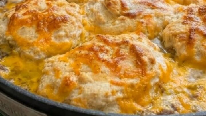A golden, bubbly cheddar bay hamburger casserole in a black skillet with a spatula lifting a serving.