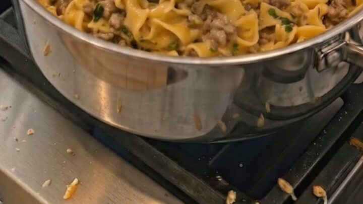 A steaming, glossy portion of ground beef and egg noodles in a stainless steel pot.