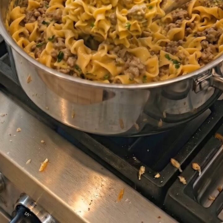 A steaming, glossy portion of ground beef and egg noodles in a stainless steel pot.