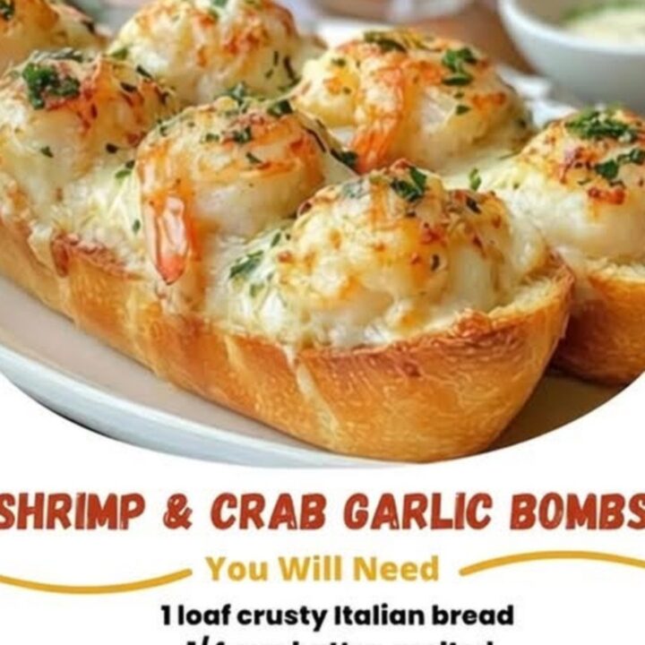 Toasted Italian bread portions stuffed with plump shrimp, crab, and melted golden mozzarella cheese, garnished with parsley