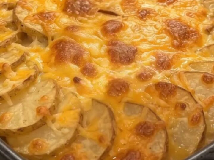 A golden-brown potato gratin with visible layers of beef and melted cheese in a dark baking dish.