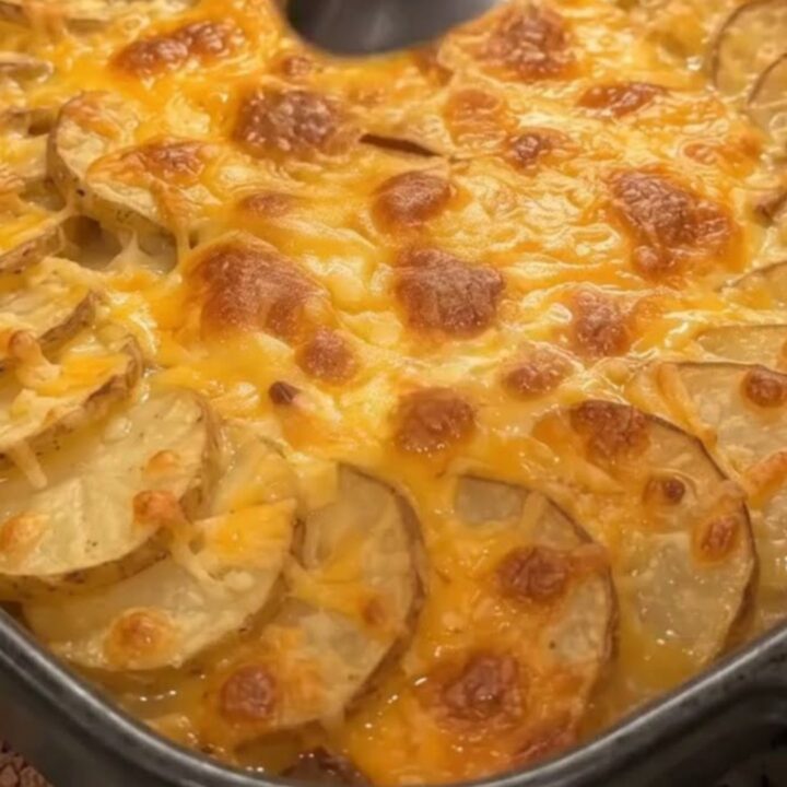 A golden-brown potato gratin with visible layers of beef and melted cheese in a dark baking dish.