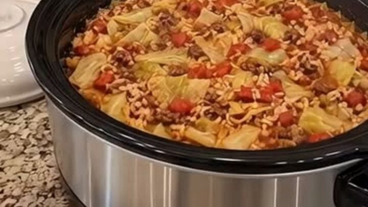 A hearty portion of slow cooker cabbage roll casserole with tender cabbage, seasoned ground beef