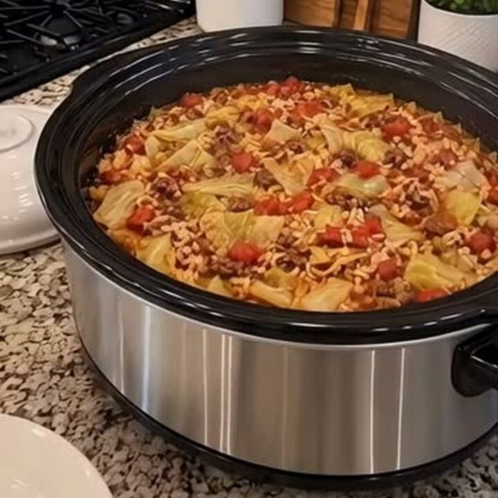 A hearty portion of slow cooker cabbage roll casserole with tender cabbage, seasoned ground beef