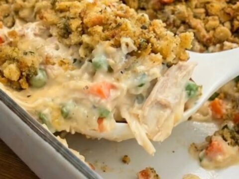 A steaming portion of creamy chicken and stuffing casserole in a white baking dish.