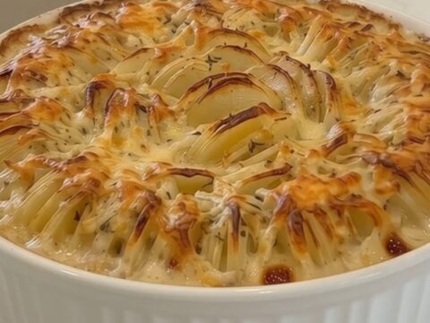 A golden-brown creamy cheesy potato gratin in a white fluted dish, steaming hot and ready to be served.