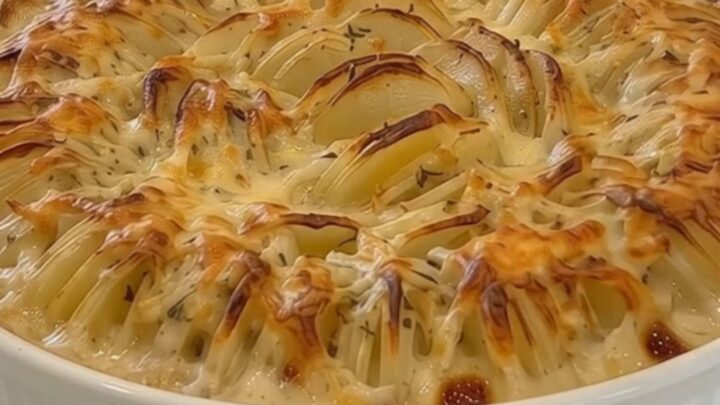 A golden-brown creamy cheesy potato gratin in a white fluted dish, steaming hot and ready to be served.