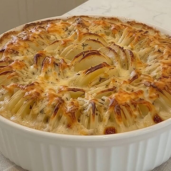 A golden-brown creamy cheesy potato gratin in a white fluted dish, steaming hot and ready to be served.