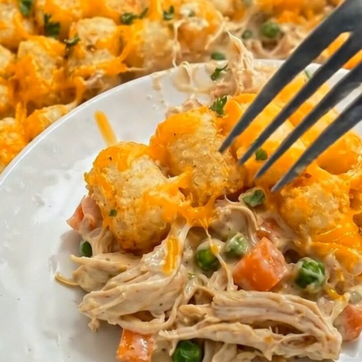 A golden, bubbling chicken tater tot casserole in a white baking dish with melted cheese and fresh parsley.