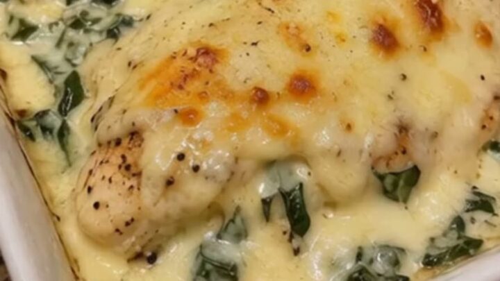 A golden, bubbling cheesy chicken breast in a white baking dish with creamy spinach.