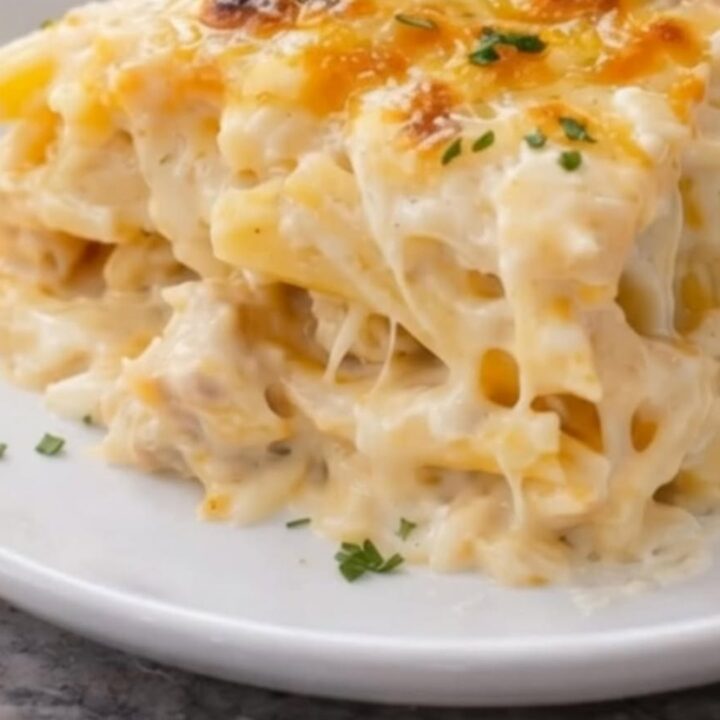 A close-up of a creamy Chicken Alfredo Bake in a casserole dish with a golden crust.