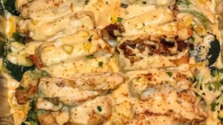 A steaming, creamy chicken and broccoli casserole in a foil baking dish, showing melted cheese and tender pieces of chicken.