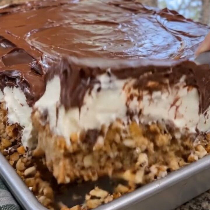 A slice of no-bake chocolate éclair cake showing distinct layers of graham crackers and cream.