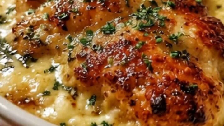 Golden crispy chicken breast topped with melted stretchy mozzarella and parmesan cheese in a white baker.