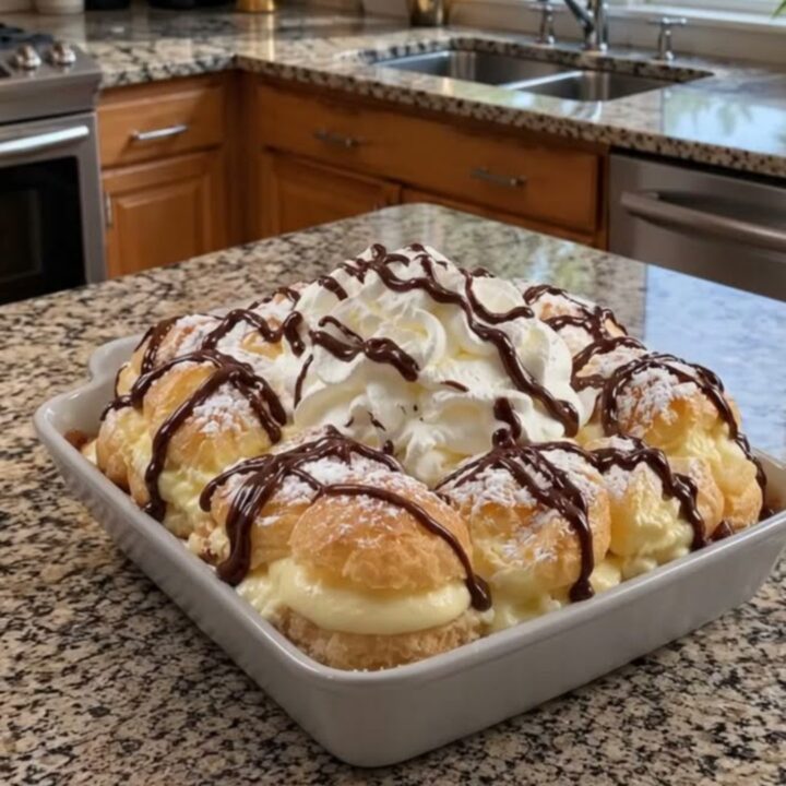 A decadent cream puff cake in a ceramic dish, topped with whipped cream and chocolate drizzle.