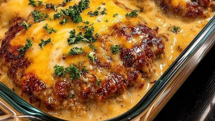 A glass baking dish with cheesy browned hamburger patties simmering in creamy mushroom gravy with parsley.