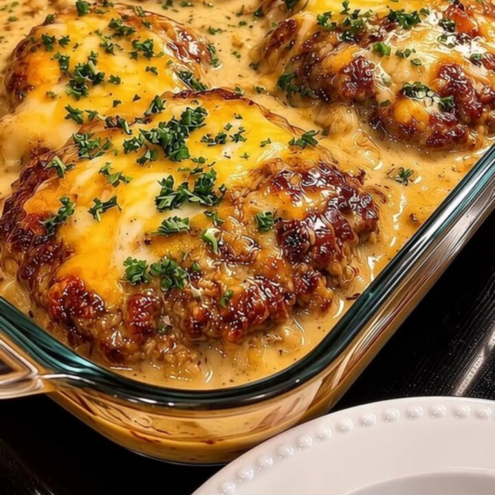 A glass baking dish with cheesy browned hamburger patties simmering in creamy mushroom gravy with parsley.