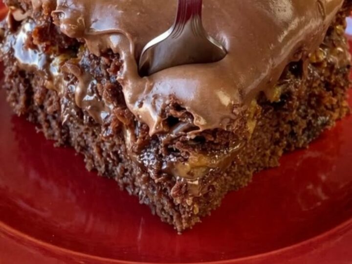 A thick, indulgent slice of sugar-free turtle cake showing layers of chocolate, caramel, and chopped pecans.