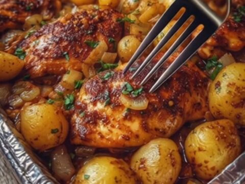 A golden roasted chicken breast and baby potatoes on a sheet pan with herbs