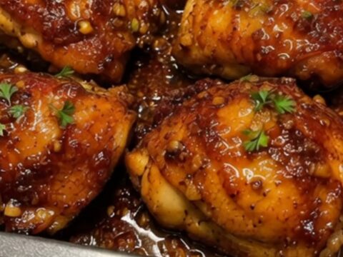A close-up of sticky honey garlic chicken thighs in a dark pan, glistening with a rich, caramelized glaze.