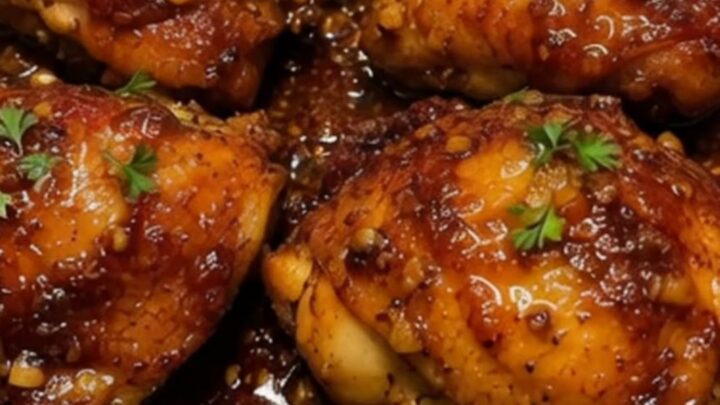 A close-up of sticky honey garlic chicken thighs in a dark pan, glistening with a rich, caramelized glaze.