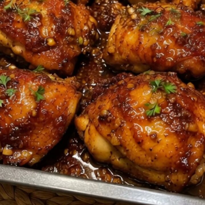A close-up of sticky honey garlic chicken thighs in a dark pan, glistening with a rich, caramelized glaze.
